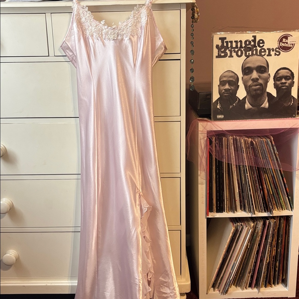 Vintage Y2K Princess Ruffle Blush Pink Maxi Slip Dress Lace Beaded Slit Romantic